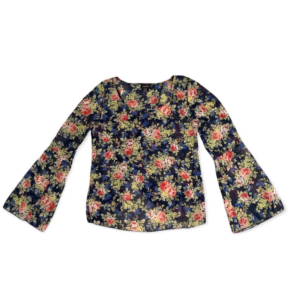 Blue Floral Bell Sleeve Blouse